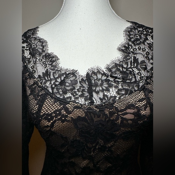 Black Lace Long Sleeve Mini Dress Sheer Floral Goth Fairy Romantic Fit & Flare - Picture 6 of 9